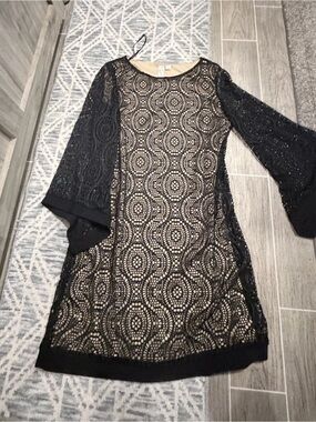 Emma & Michele Black Lace Long-Sleeve Overlay Dress with Nude Lining